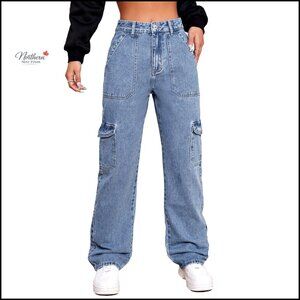 High Rise Stretch Cargo Jeans, Wide Leg Denim Pants for Women
